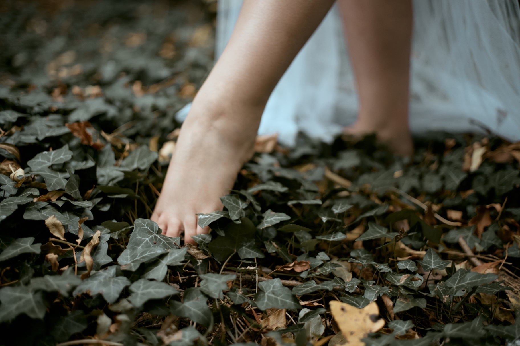 Bare feet resting on ivy and forest floor — a return to the body, to the earth