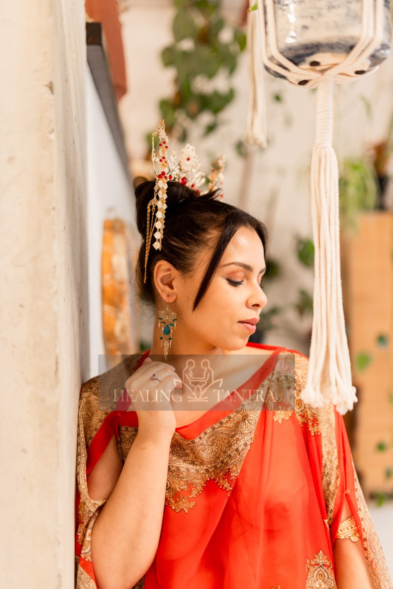 Elira in gold silk, luminous hero portrait