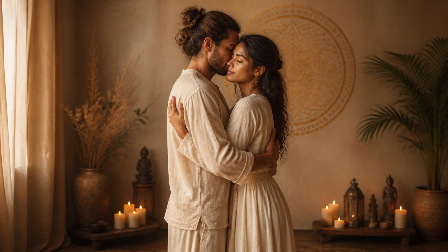 Two silhouetted figures standing in a heart-to-heart embrace by warm candlelight