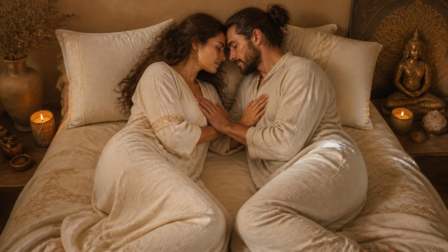 Two silhouetted figures lying on their sides, foreheads touching, hands over hearts