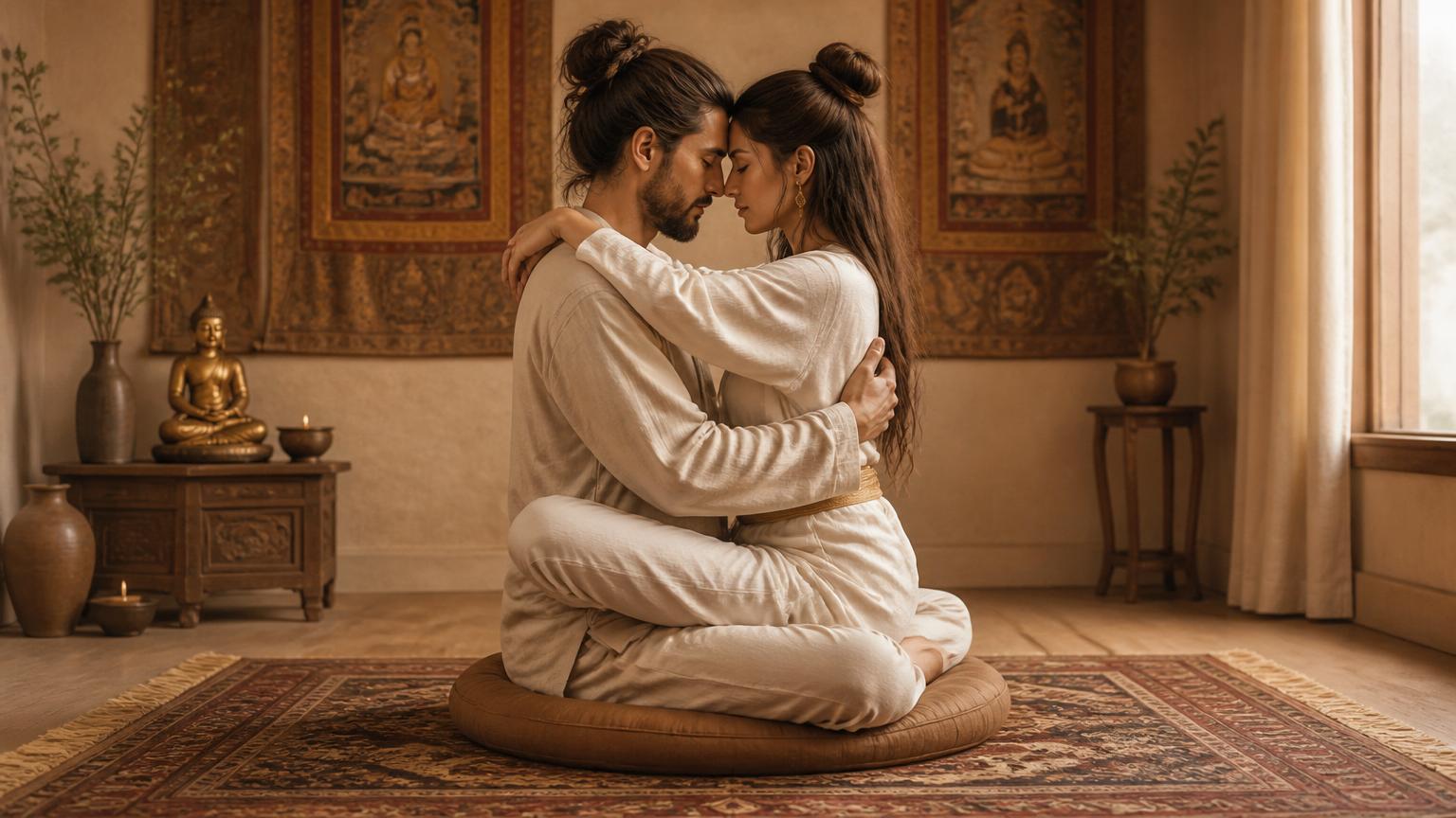 Two silhouetted figures seated in the yab yum embrace by candlelight